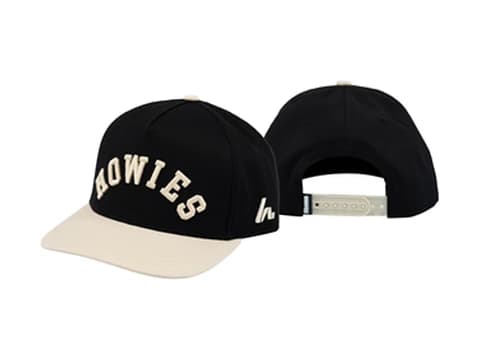 Howies Forehand Lid snapback in black and cream, front and back